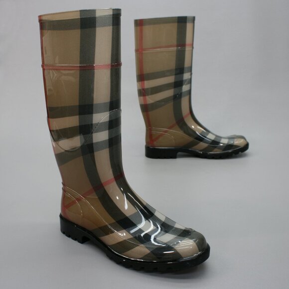 Burberry Ladies 39 (9) Haymarket Nova Check Plaid Tall Rubber Rain Boots - Italy - Picture 1 of 12
